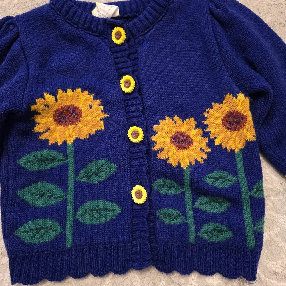 Vintage 1990s Blue Sunflower Knit Cardigan Sweater